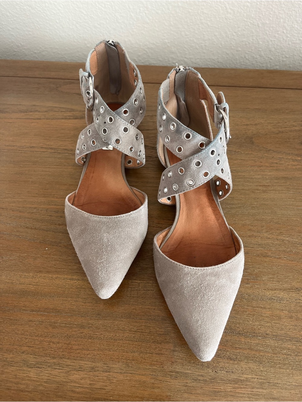 Halogen Molly Grey Suede flat with Silver Grommet Detail